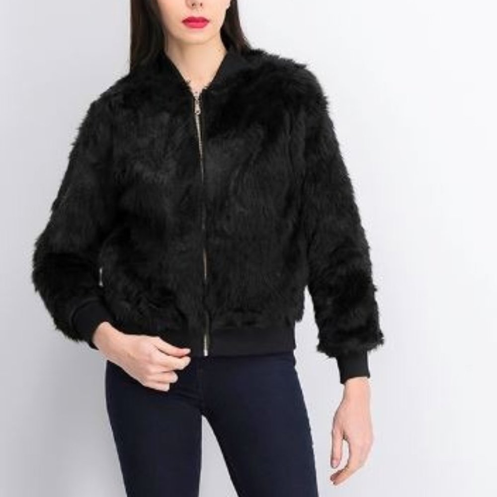 Say What Black Fur Bomber Jacket - Size Med NWT